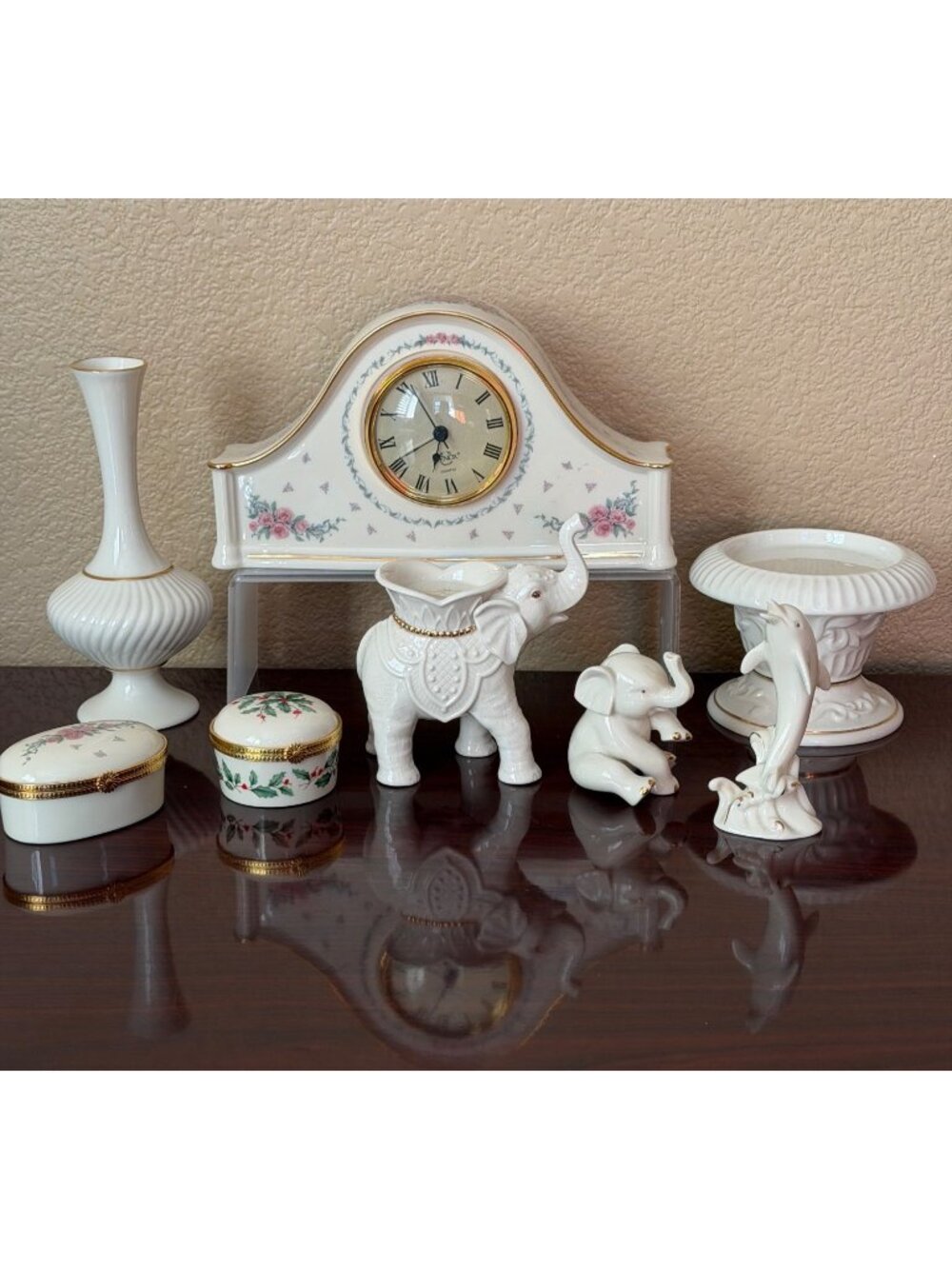 Vintage Lenox Home Decor Lot 8-Pieces Clock Elephants Dolphin Trinket Box Vase